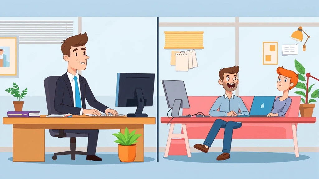 Split-screen comparison: left side shows traditional employee at desk with boss supervising, right side shows independent contractor relaxing with laptop choosing their own projects, cartoon style