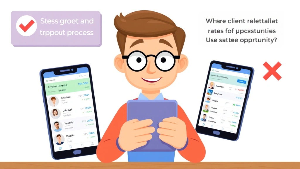 Animated character reviewing client profiles on multiple devices, comparing rates and portfolios, with checkmark and X symbols indicating vetting process for legitimate opportunities