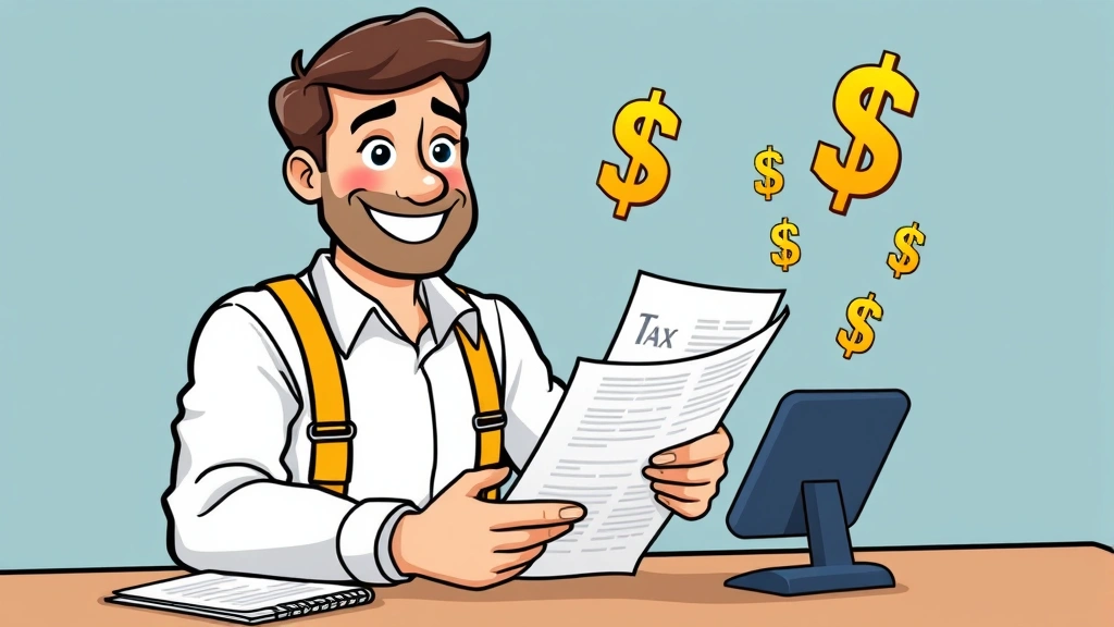 Smiling contractor reviewing financial documents, tax forms, and calculator with dollar signs floating, showing business management and accounting tasks, cartoon style