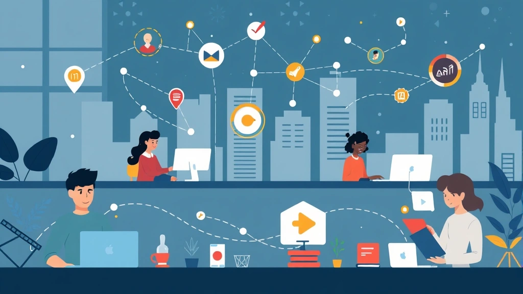 Animated scene showing diverse freelancers in different industries (coder, designer, writer, consultant) working remotely from various locations, connected by network nodes and collaboration symbols