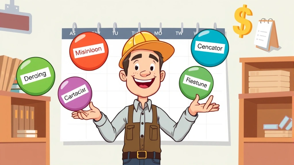 Cartoon scene showing contractor juggling multiple colorful project balls labeled with different client names, calendar in background, dollar signs floating, happy expression showing control and organization