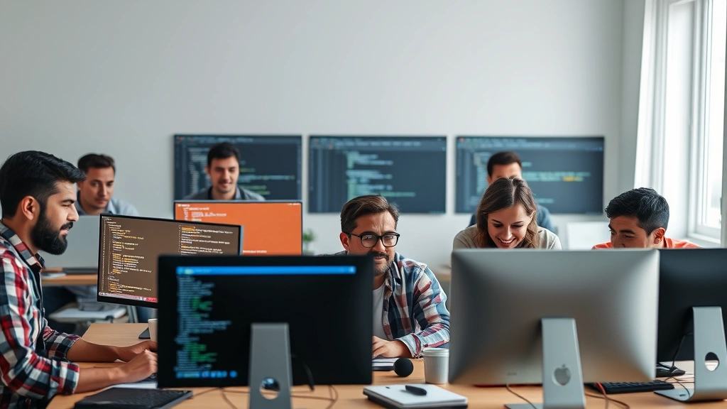 Diverse group of contractors collaborating virtually on projects, showing computer screens with different industries represented - coding, design, writing, consulting, uplifting energetic atmosphere