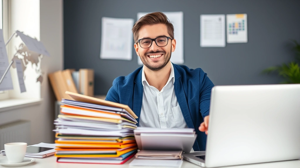 Cheerful independent contractor organizing colorful folders and documents representing tax records, business expenses, and quarterly payments on a clean desk