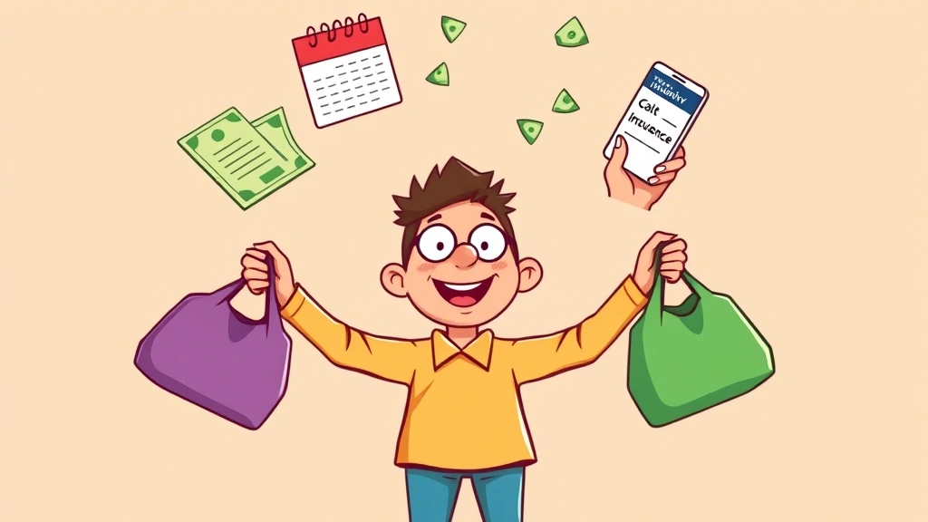 Cartoon character juggling money bags, calendars, and health insurance cards, balancing act, vibrant colors, represents managing 1099 finances and responsibilities