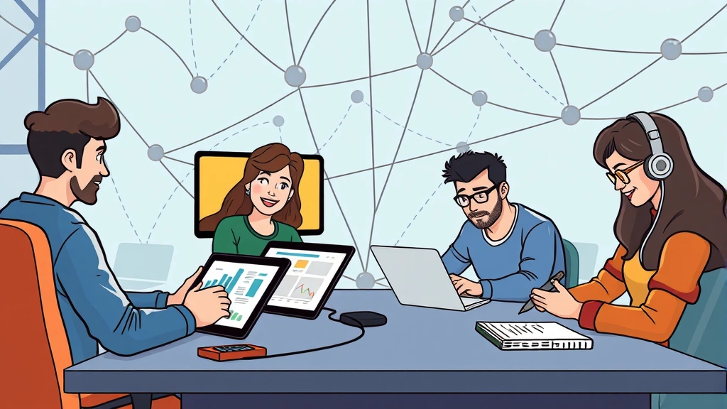 Cartoon diverse group of independent contractors working remotely - one on video call, one designing on tablet, one writing, one coding, all connected by network lines, collaborative energy
