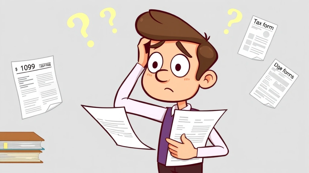 Cartoon character looking confused at tax forms and 1099 documents with question marks floating around, holding head with one hand while reviewing paperwork