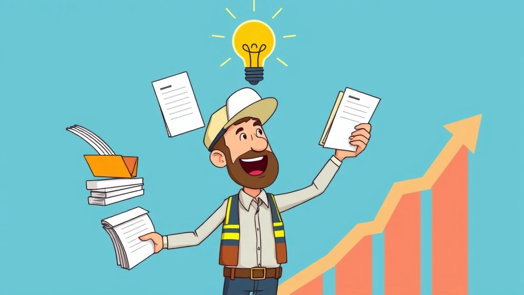 Cartoon contractor juggling multiple client files and projects, lightbulb of ideas above head, upward trending arrow in background, representing business growth and scaling