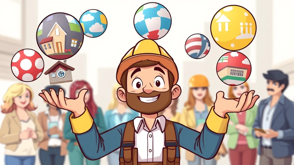 Cartoon contractor juggling multiple projects represented as colorful balls, diverse clients in background, organized and confident expression