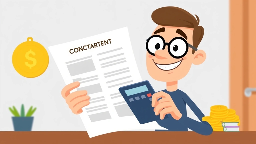 Animated character reviewing contract document with calculator and money symbols, happy confident expression, modern minimalist design