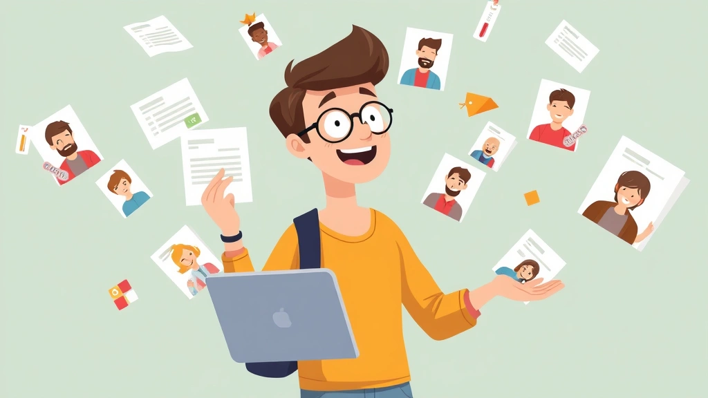 Animated freelancer juggling multiple project files and client avatars, representing diverse income streams and multiple client relationships