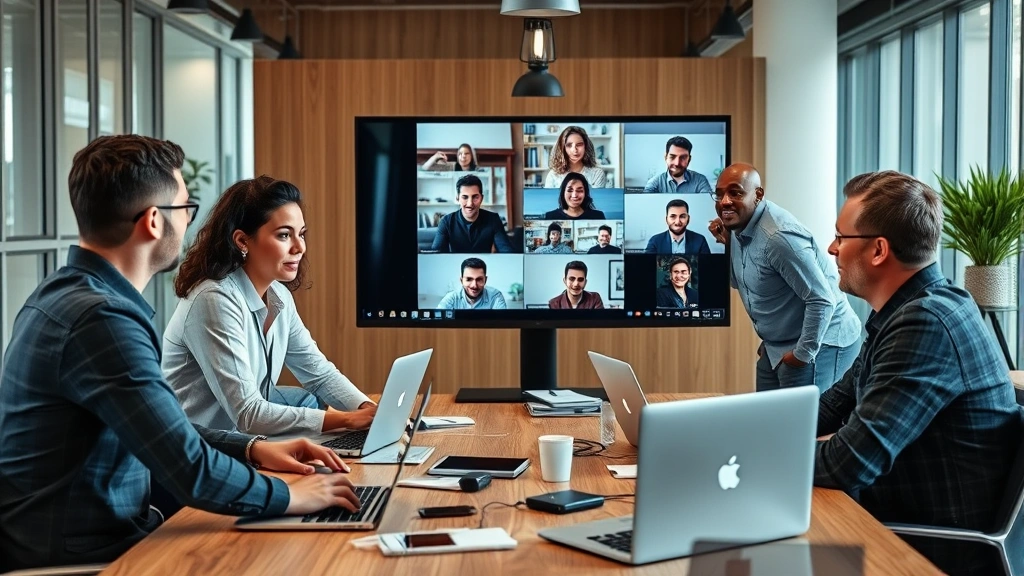 Diverse group of contractors collaborating on video conference call, showing laptops and digital communication tools, modern office setting