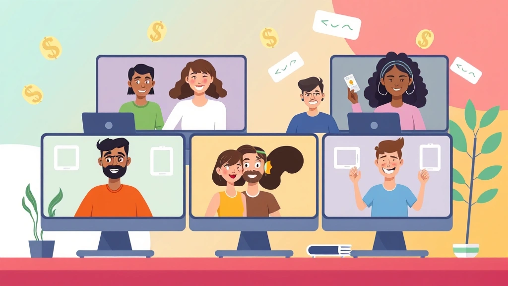 Cartoon diverse freelancers video calling with clients on computer screens, happy expressions, floating dollar signs and checkmarks, vibrant colorful background showing flexibility
