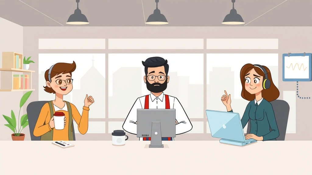 Cartoon diverse contractors working remotely from different locations - one at coffee shop, one at home desk, one at coworking space, all videoconferencing together