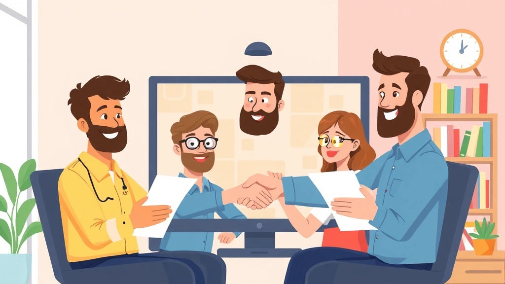 Cartoon diverse contractors collaborating virtually on video call, each in different home office setting, holding documents and shaking hands through computer screen, colorful and modern