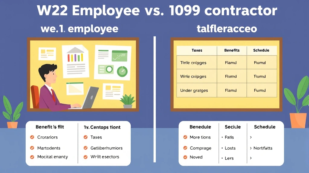 Animated illustration comparing W-2 employee vs 1099 contractor with split screen showing benefits, taxes, and schedule differences