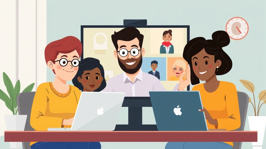 Cartoon style image of diverse freelancers collaborating virtually on video call, showing teamwork, laptops, and professional communication between contractors