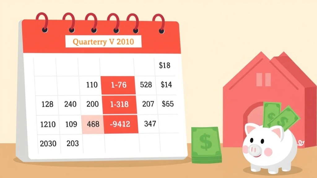 Animated calendar showing quarterly tax payment dates highlighted in red, with dollar bills and piggy bank illustration nearby