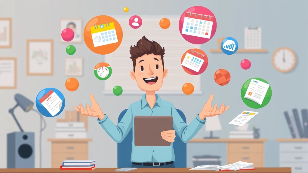 Cartoon freelancer juggling multiple client projects represented as colorful balls, calendar, invoices, with organized workspace background