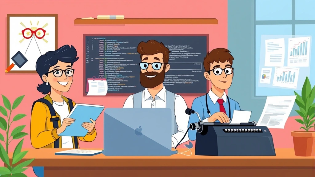 Animated diverse contractor team: graphic designer with tablet, programmer with code on screen, writer at typewriter, consultant with charts, all working independently at different locations