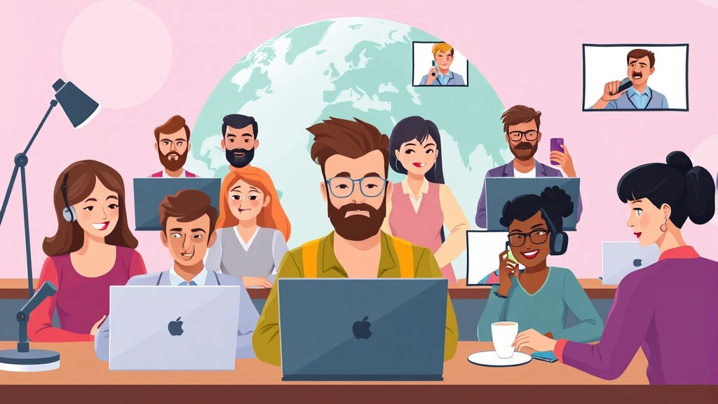 Cartoon graphic showing diverse contractors on video calls with clients worldwide, globe in background, laptops and phones, collaborative remote work atmosphere, colorful style