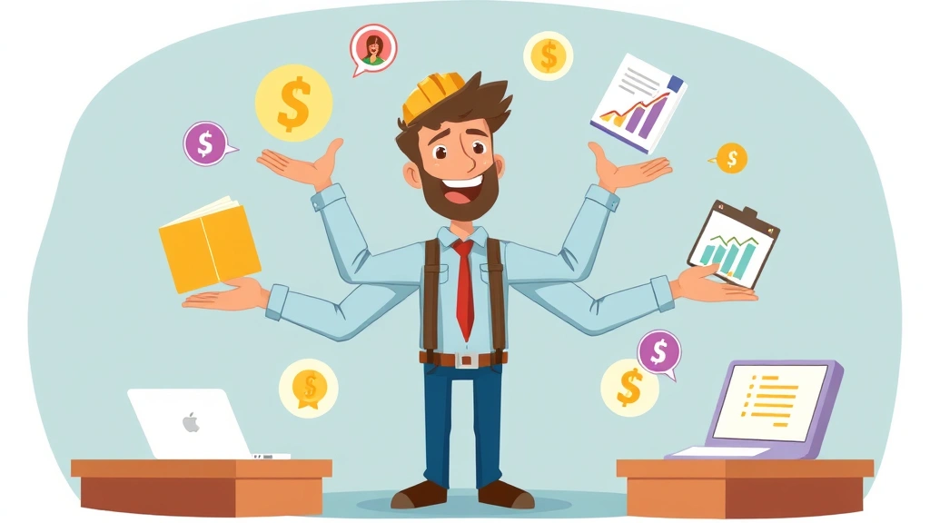 Cartoon graphic showing happy contractor juggling multiple projects and clients simultaneously, with project icons floating around, representing portfolio diversity and income streams