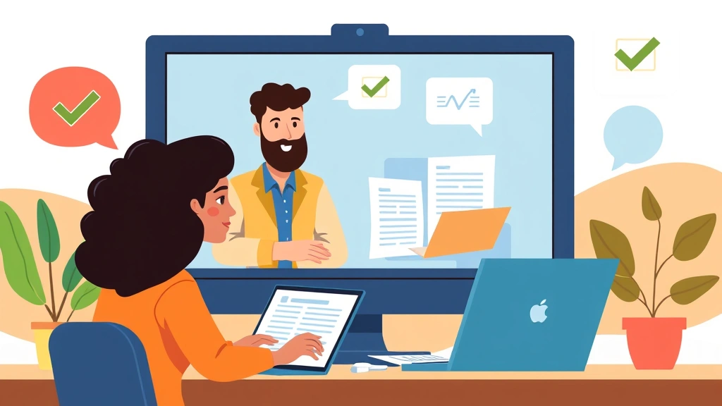 Cartoon diverse contractors collaborating virtually, video call on screen, one person typing on laptop, another reviewing documents, speech bubbles with checkmarks, colorful background, representing client relationships and communication