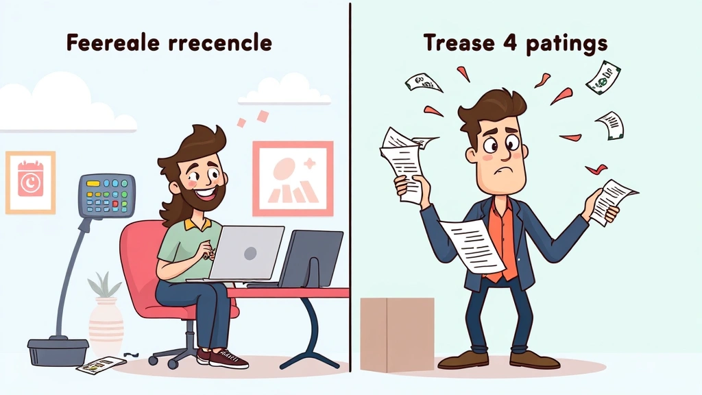 Cartoon scene showing split comparison: left side happy freelancer with flexible schedule and diverse projects, right side stressed freelancer juggling tax forms and bills