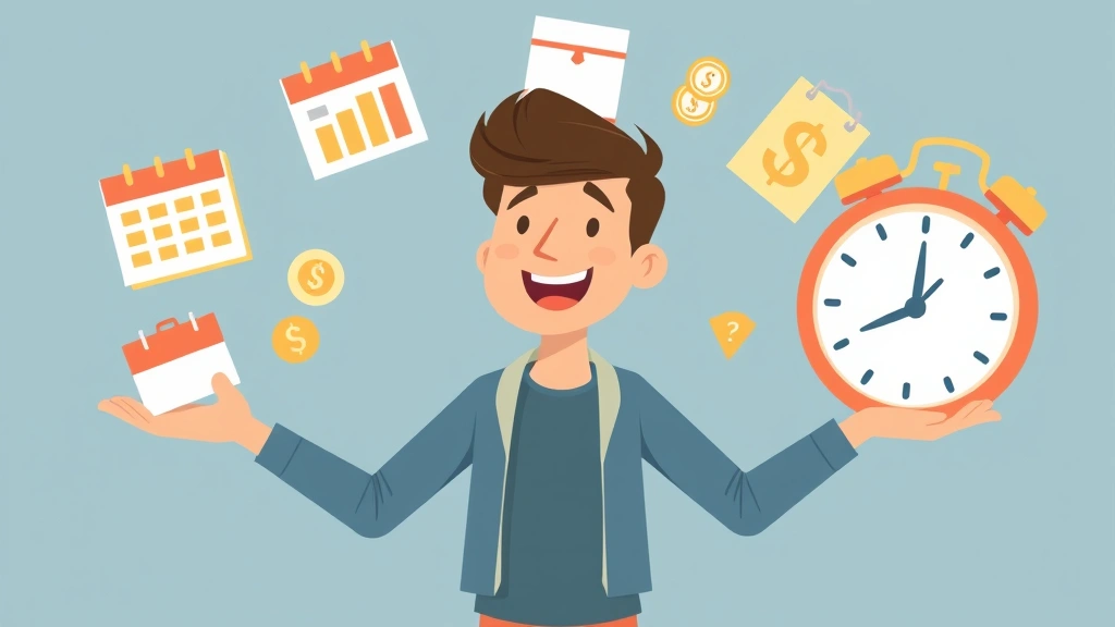 Animated freelancer juggling multiple project icons, calendar, payment symbols, and clock, showing flexibility and time management of independent contracting work