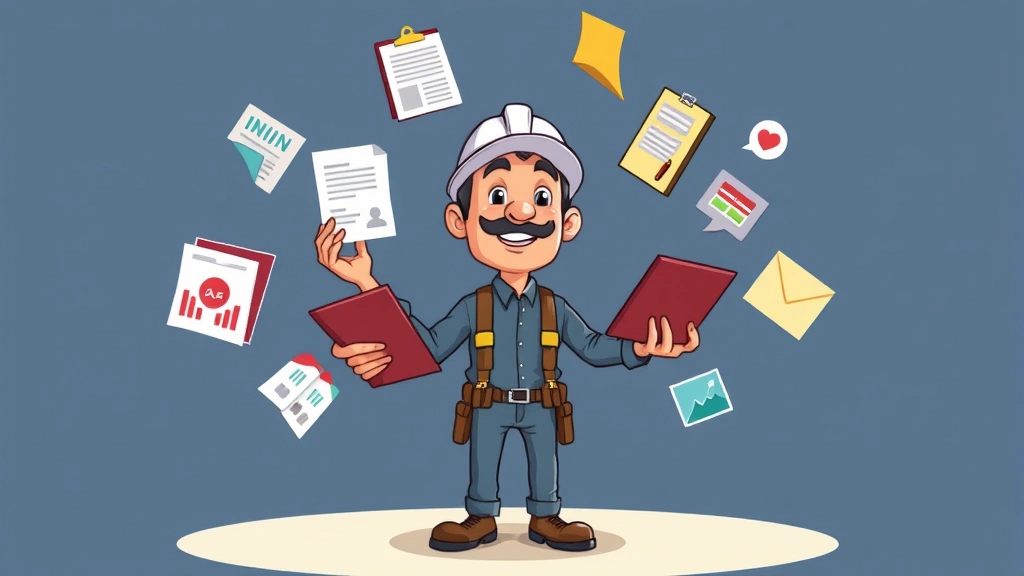 Cartoon contractor juggling multiple colorful project files and client icons, showing diverse work opportunities and multitasking nature of contract work