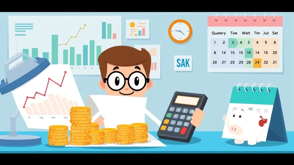 Cartoon character analyzing financial charts and tax documents with a calculator, coins stacking up, piggy bank, and calendar showing quarterly dates, bright organized workspace theme