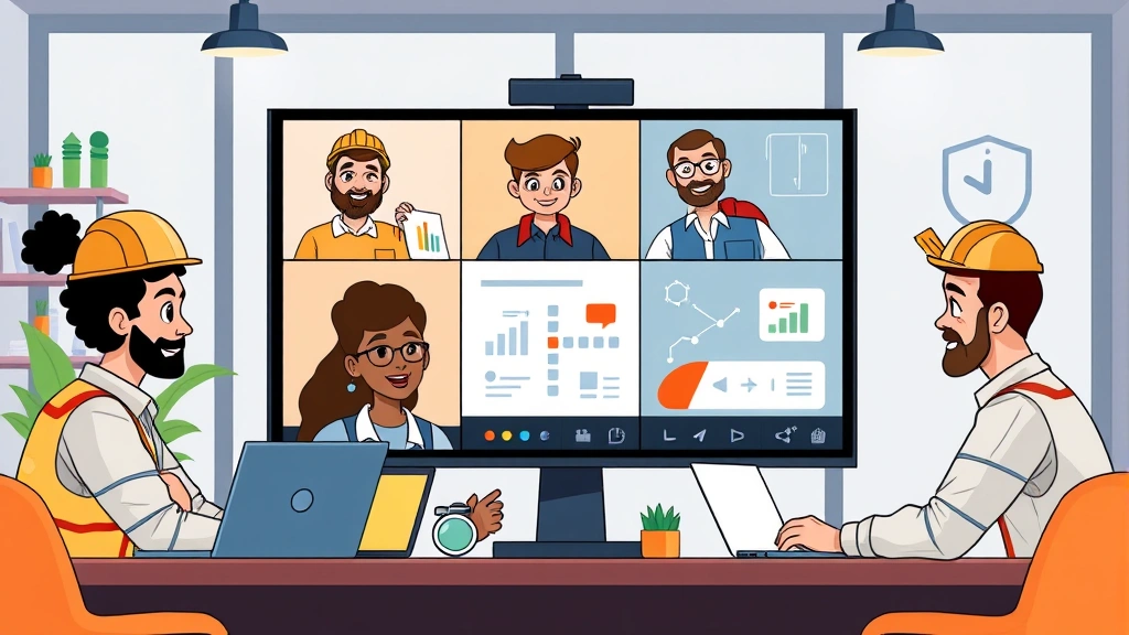 Cartoon diverse contractor team collaborating remotely on video call with project management tools visible on screen, modern digital workspace