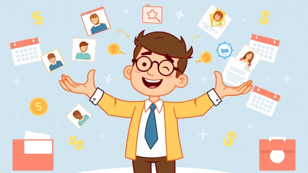Cartoon character juggling multiple client icons and project folders, surrounded by dollar signs and calendar deadlines, appearing focused and organized