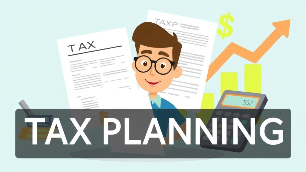 An animated character reviewing financial documents, tax forms, and a calculator with dollar signs and growth charts in background, symbolizing tax planning and financial management