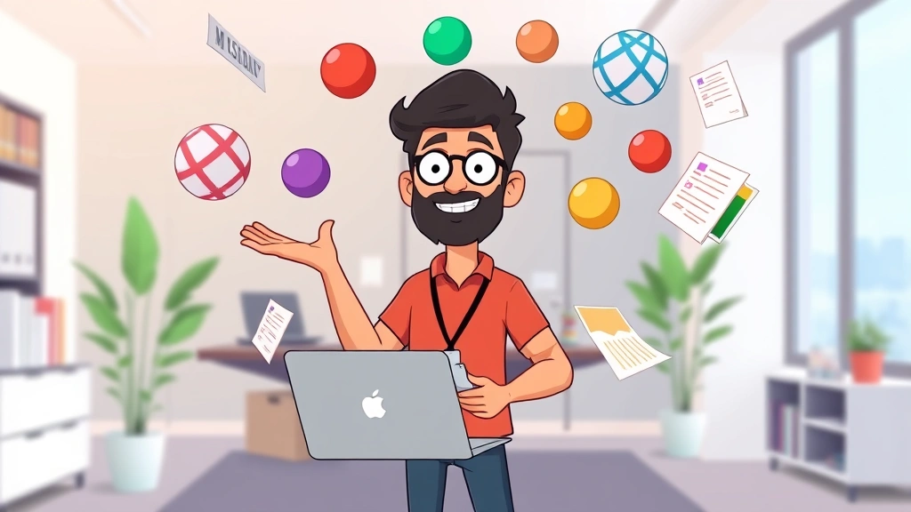 Cartoon freelancer juggling multiple client projects represented as colorful balls, laptop, and documents floating around, standing in modern office space