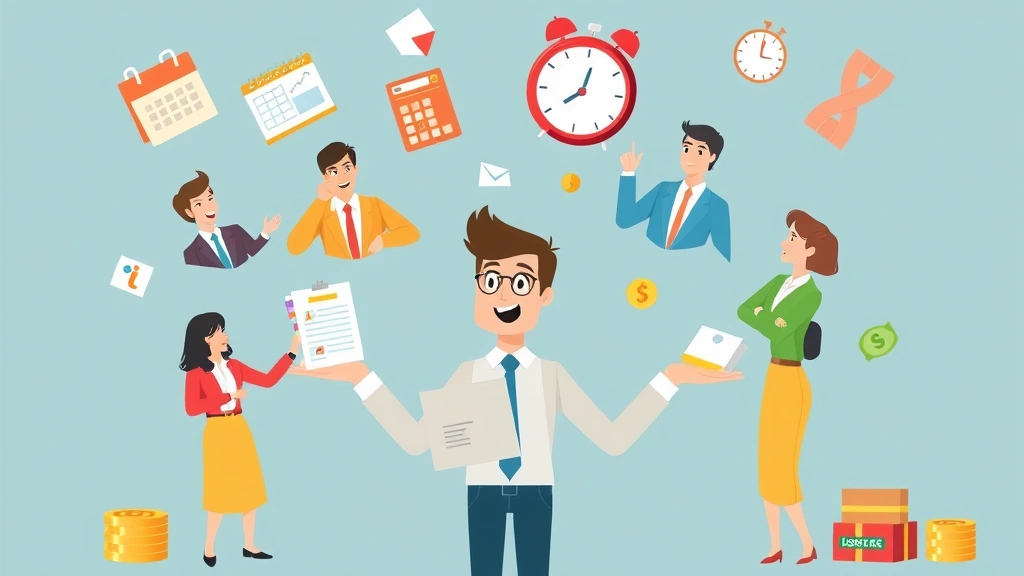 Cartoon scene depicting a freelancer juggling multiple clients represented as colorful business people, with calendar, clock, and money symbols floating around, illustrating the flexibility and complexity of contract work