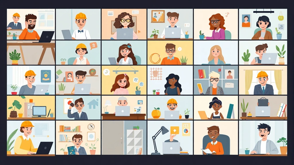 Cartoon diverse contractors on video call grid, each in different home office setting, laptops and notebooks, collaborative atmosphere, cheerful mood, no text or letters