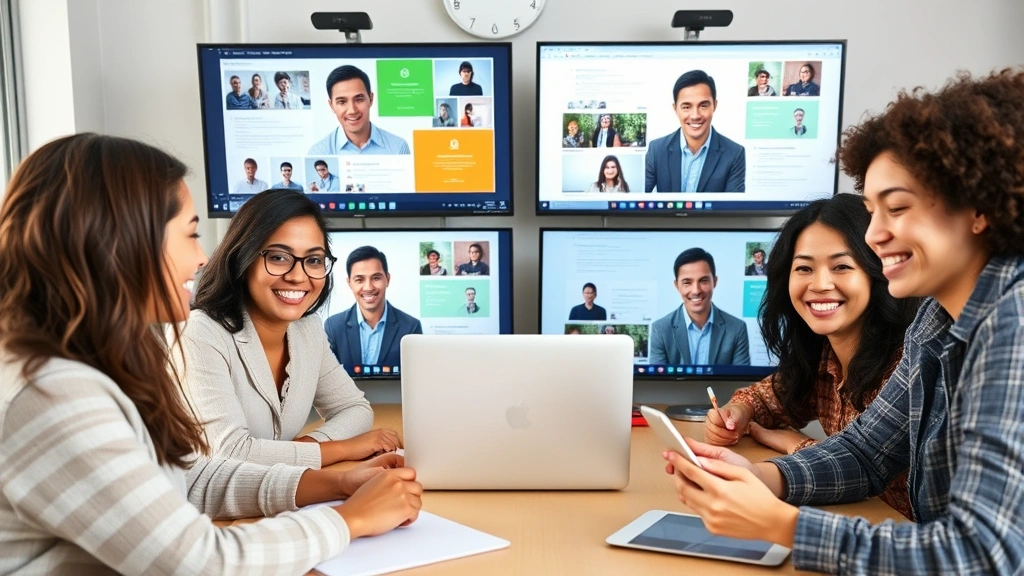 Diverse freelance team collaborating virtually through screens, laptop, mobile phone, and tablet showing different projects, colorful project folders and happy expressions