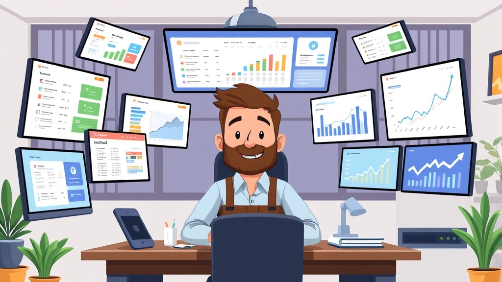 Cartoon contractor sitting at desk surrounded by multiple floating screens showing different client projects, calendar, invoices, and growth charts, modern home office