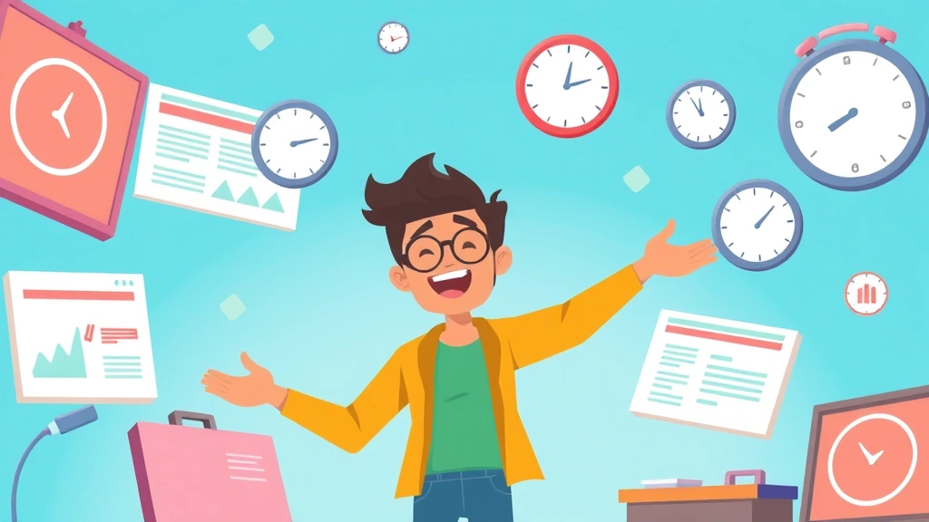 Animated freelancer juggling multiple project boards and timers, showing productivity and time management for independent contractors, cheerful colors