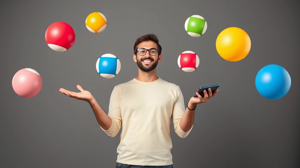 Happy freelancer juggling multiple client projects represented as colorful balls while standing confidently with laptop and phone