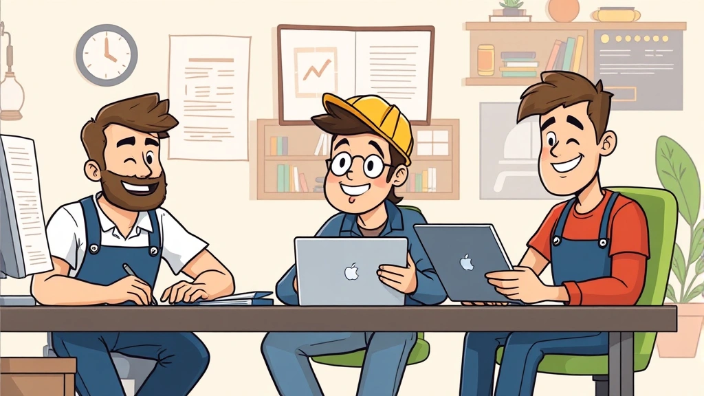 Diverse cartoon contractors working on different projects simultaneously - writer at keyboard, designer with tablet, developer coding, all appearing happy and focused