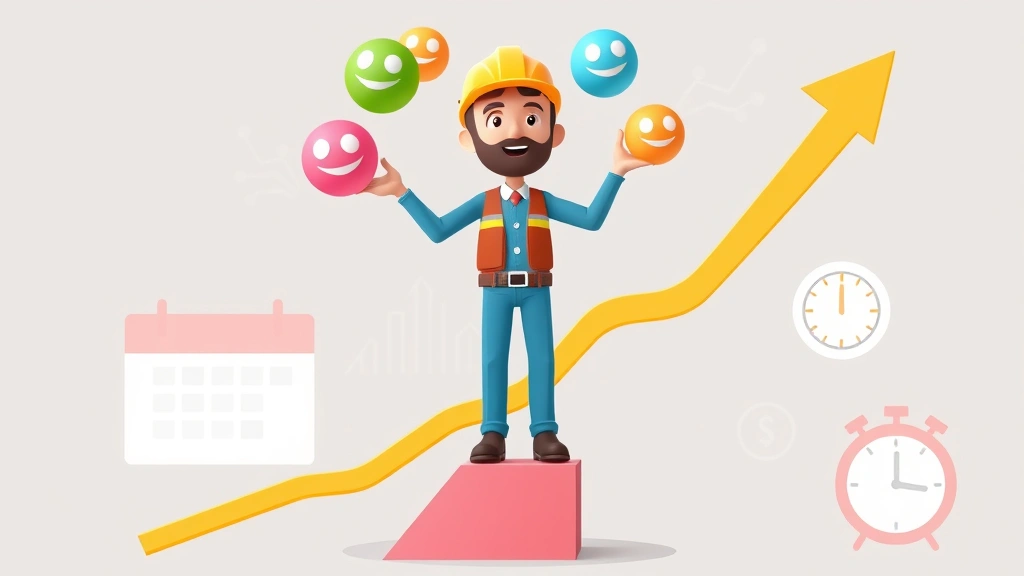 Animated contractor character juggling multiple clients represented as colorful balls, standing on a growth chart arrow pointing upward, with calendar and clock icons in background