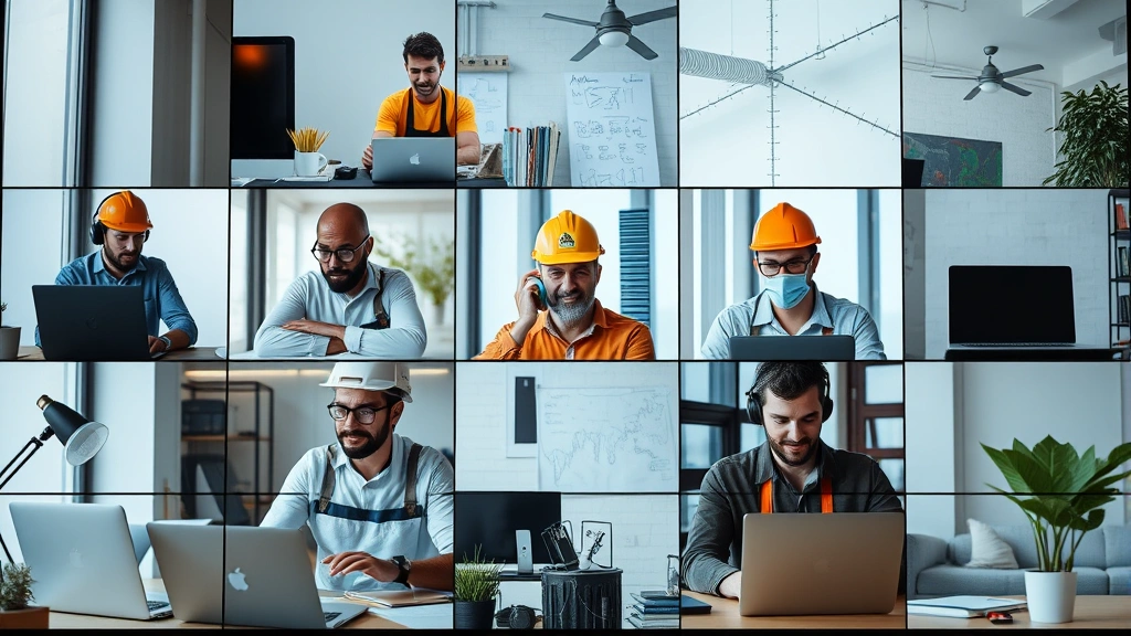 Diverse group of contractors working remotely on different projects, split screen showing collaboration, various industries represented, creative and focused energy