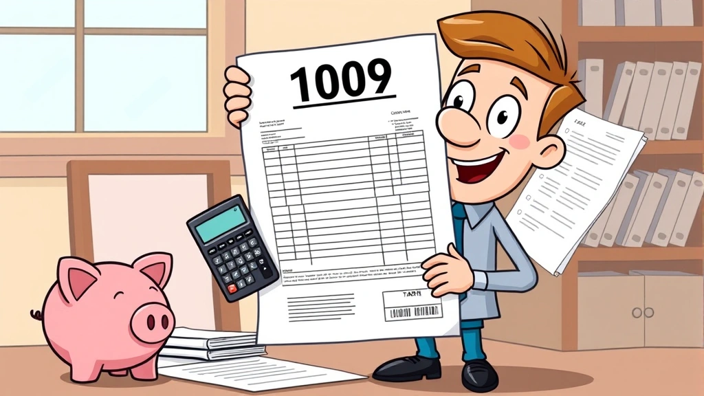 Cartoon character holding a large document labeled 1099 form with tax documents, calculator, and piggy bank nearby, showing financial planning and organization