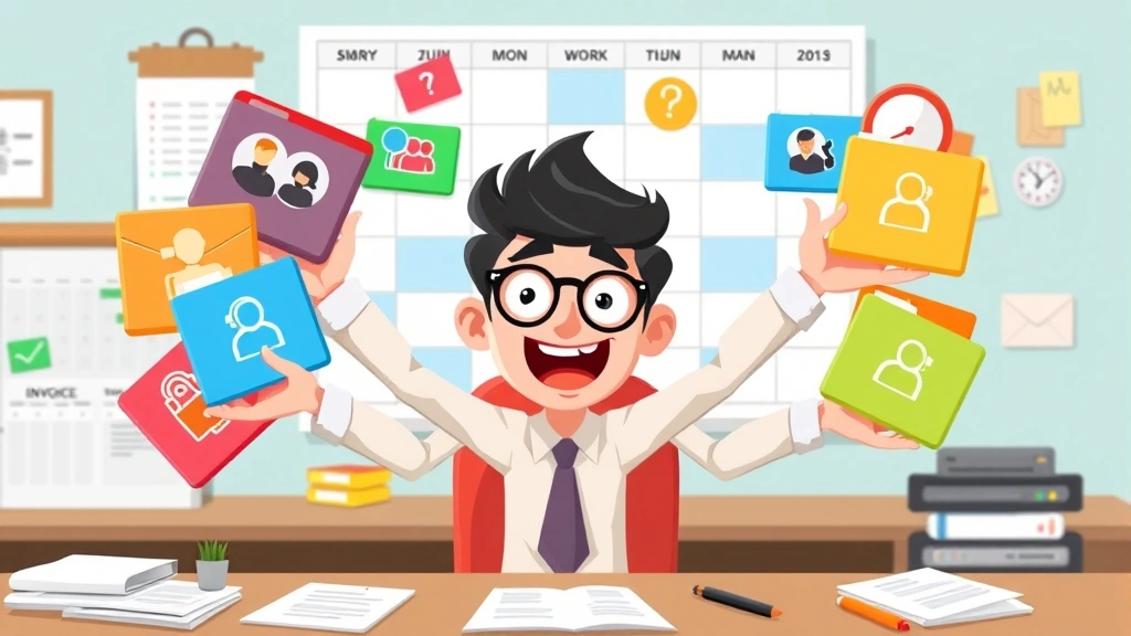 Cartoon character juggling multiple colorful project folders and client icons, calendar in background showing scheduled work, organized desk with invoice papers, energetic and capable appearance