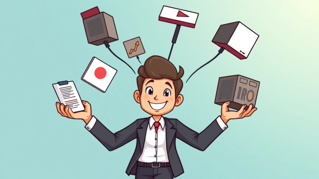 Professional cartoon character juggling multiple projects with smiling face, representing managing multiple 1099 contracts simultaneously with organization and confidence