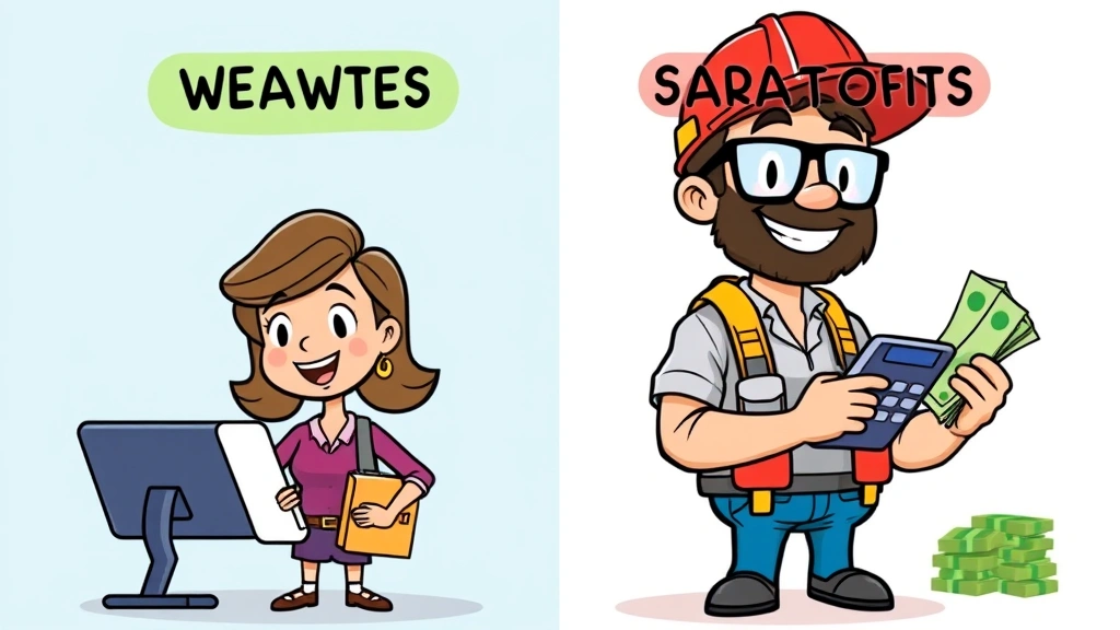 Cartoon character comparing two paths: left shows office worker with benefits, right shows contractor with calculator and money, showing financial differences, vibrant career theme