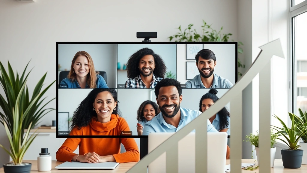 Happy diverse freelance team members collaborating remotely on video call, showing virtual office setup with plants, professional backdrop, and upward arrow indicating business growth and success