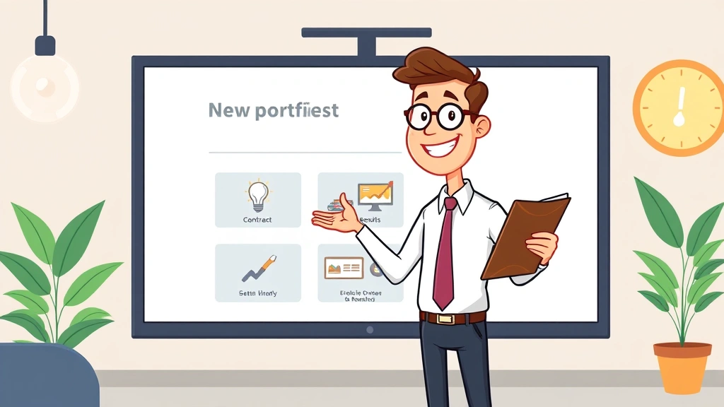 Cheerful cartoon professional presenting portfolio on large screen to interested client, showcasing contract work results and project examples