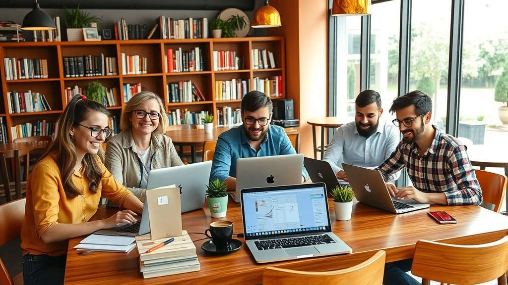 Diverse group of contractors working remotely from various locations—coffee shop, home office, library—laptops and notebooks visible, happy productive atmosphere